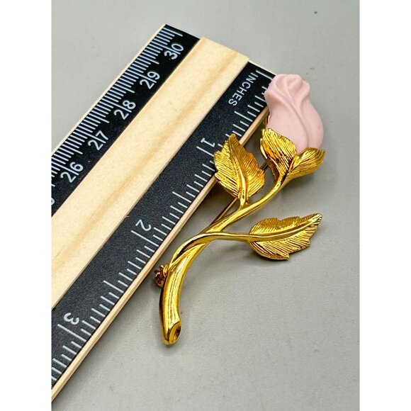 Avon Vintage Rose Brooch Gold Tone Pink Ceramic Flower Vintage Brooch Pin - Picture 6 of 6